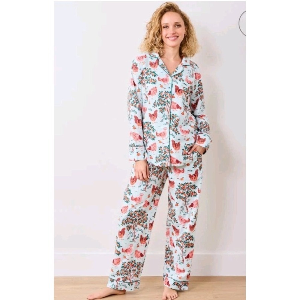 Print Fresh Hen House Pajama Set Pants Top Women's Medium Tall Blue Chicken Farm